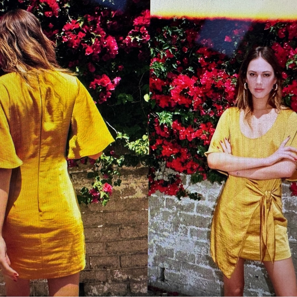 Le Rumi Arabella Dress Mustard Yellow Dress with Tie Front Heavy Satin-like